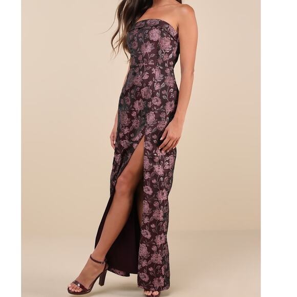 Lulus NWT Demure Muse Plum Purple Floral Jacquard Strapless Maxi Evening Dress - Picture 1 of 12